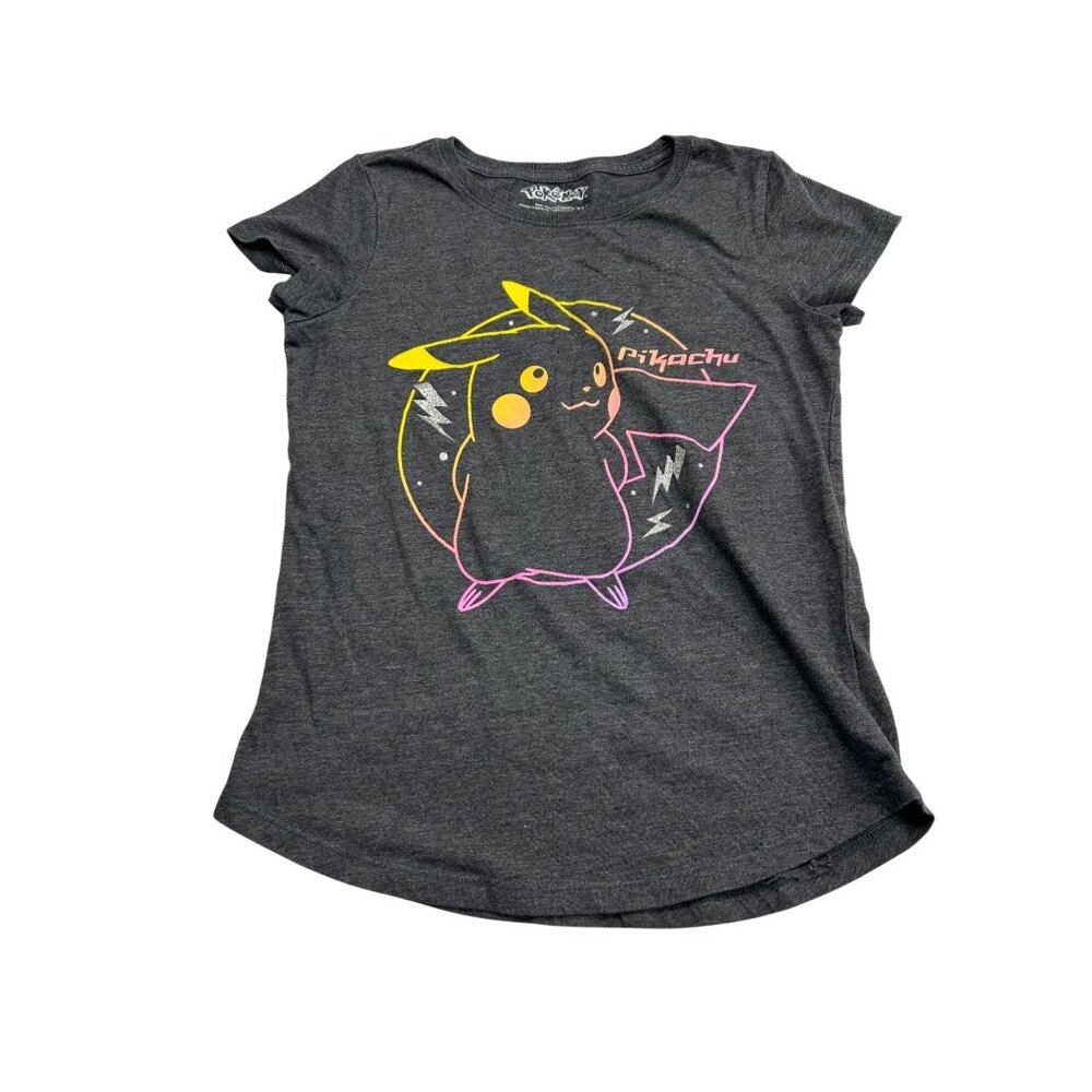Pokemon Pikachu Graphic T-Shirt Girls L 10-12 Gray Short Sleeve Crew Neck Cotton